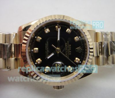 Replica Rolex Datejust Black Diamond Dial Gold Case Watch